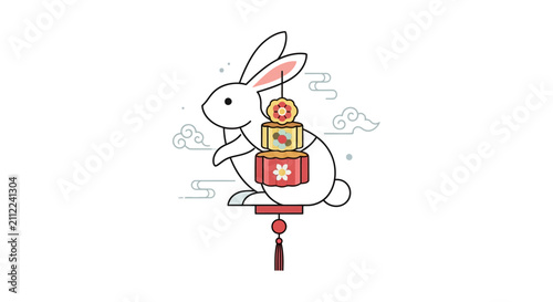 A cute white rabbit illustration holding a stack of traditional round pastries
