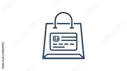 A minimalist line art icon representing a shopping bag with a payment card