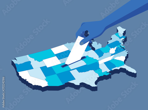 Isometric Illustration of a Hand Casting a Ballot into a USA Map for Elections