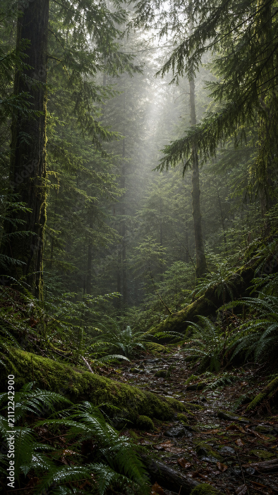 Obraz premium Misty temperate rainforest after rain with soft morning light