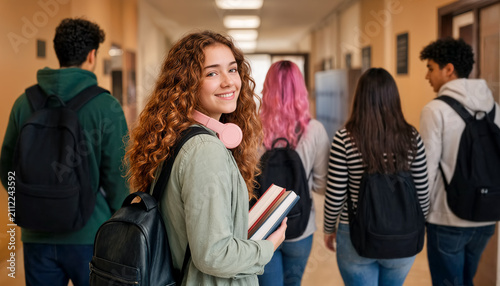 Candid photograph of high school students strolling in a hall, featuring a central cheerful girl with a backpack and books smiling back.