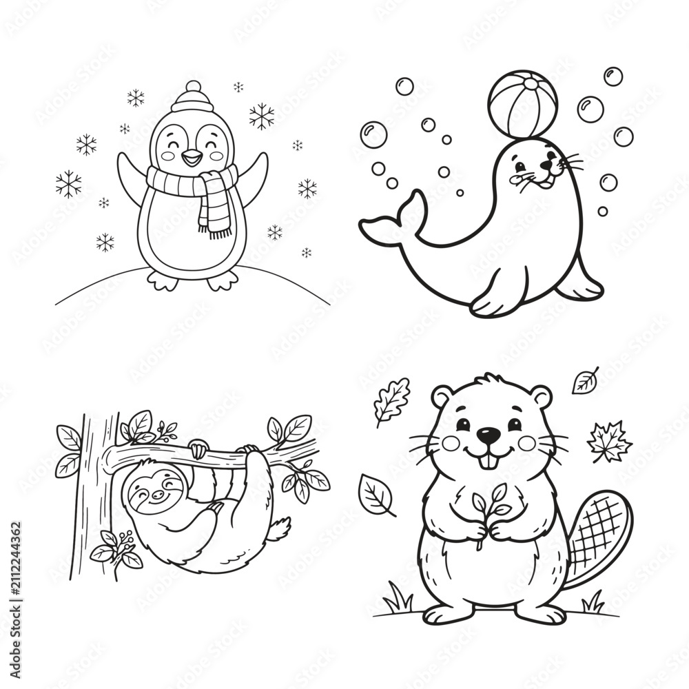 Fototapeta premium A Set Of Four Cute Animal Coloring Page Illustrations For Young ChildrenA Set Of Four Cute Animal Coloring Page Illustrations For Young Children