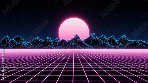Retro synthwave landscape with glowing neon mountains and sunset