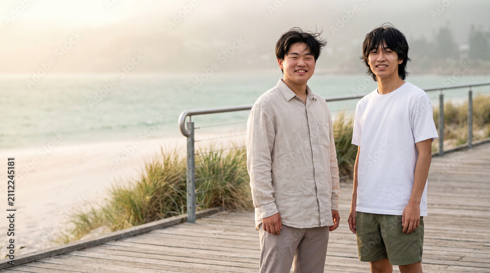 Fototapeta premium 夏の海辺のウッドデッキで笑顔で並ぶ若い男性二人 ｜ 爽やかな風