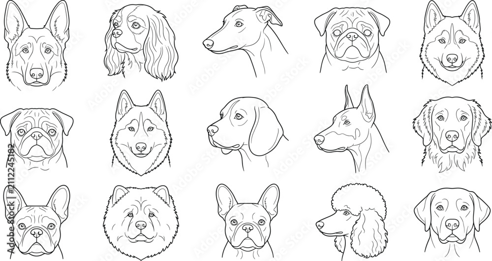 Fototapeta premium Dog Breed Head Portrait Line Art Collection with Popular Purebred and Companion Dogs