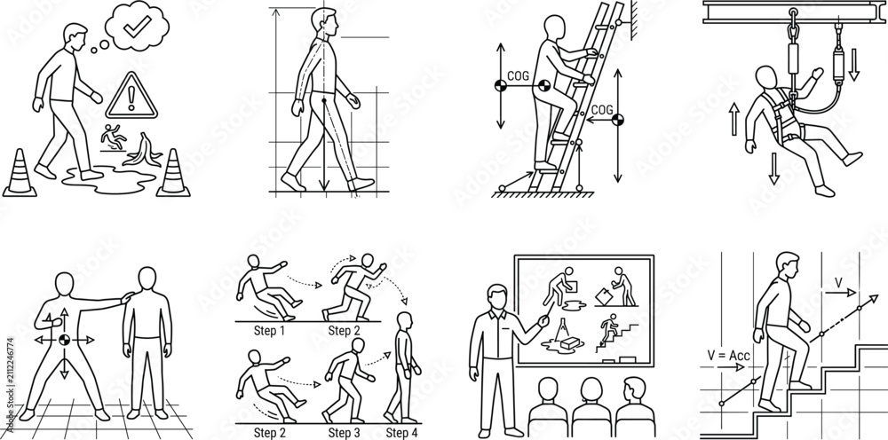 Fototapeta premium Workplace Safety Training Line Art Collection with Ergonomics Fall Prevention and Safe Work Practices