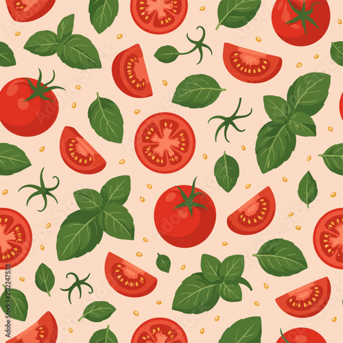 Seamless vector pattern with fresh red tomatoes, slices, seeds, and green basil leaves background.