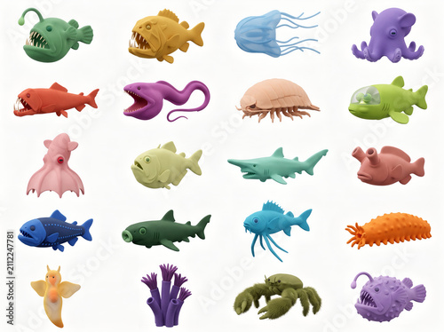 Collection of Stylized 3D Deep Sea Creatures and Colorful Marine Monsters Isolated on White