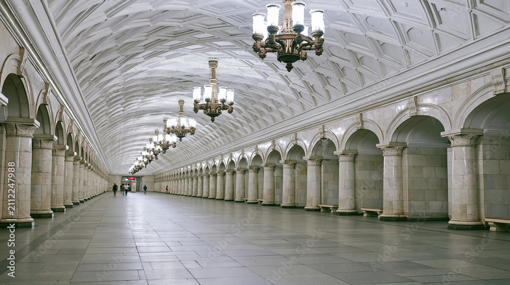 Fototapeta premium Grand Marble Subway Station Hallway with Ornate Chandeliers and Arched Colonnade
