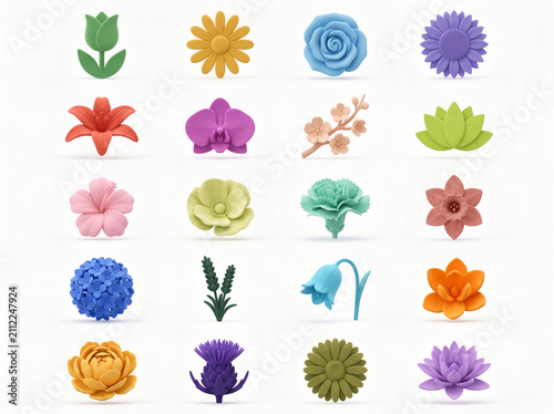 Collection of colorful 3D minimalist flower icons and botanical elements isolated on white background