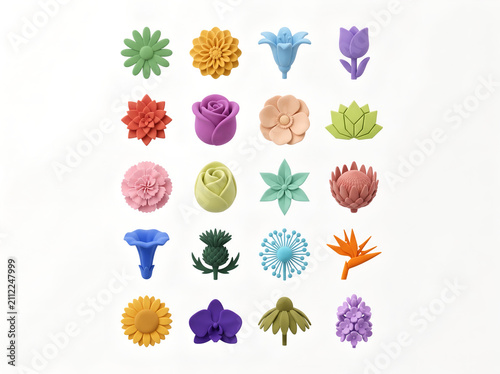 Colorful 3D Minimalist Floral Icons Collection Featuring Rose Daisy Sunflower and Tulip on White Background