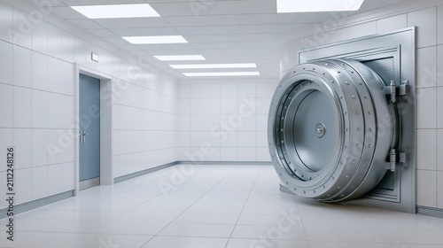 Secure Vault Door Entrance in Modern White Corridor with Fluorescent Lighting