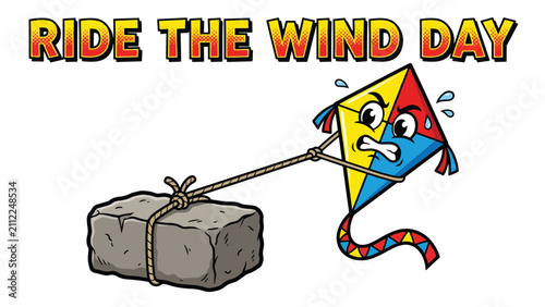 Kite Cartoon Character Struggling to Pull a Heavy Stone Block