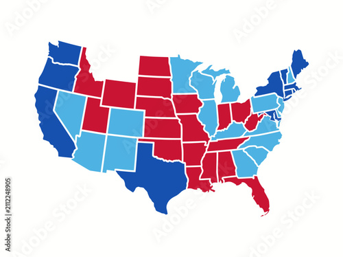 USA Political Map with Red and Blue States for Election Results and Electoral College Analysis