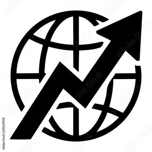 Global business growth icon with black globe and upward arrow showing economic success and international trade progress