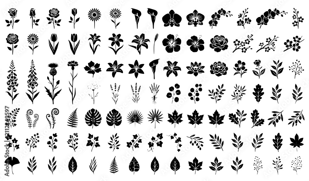 Obraz premium Black Flower and Leaf Silhouette Vector Collection with Botanical Floral Elements