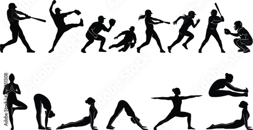 Obraz na płótnie Set of baseball players and yoga poses silhouettes