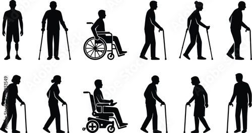 Set of silhouettes of people with disabilities and elderly people
