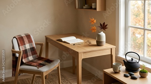 Japandi Fall Home Workspace Cozy Desk with Autumn Leaves and Tea Set