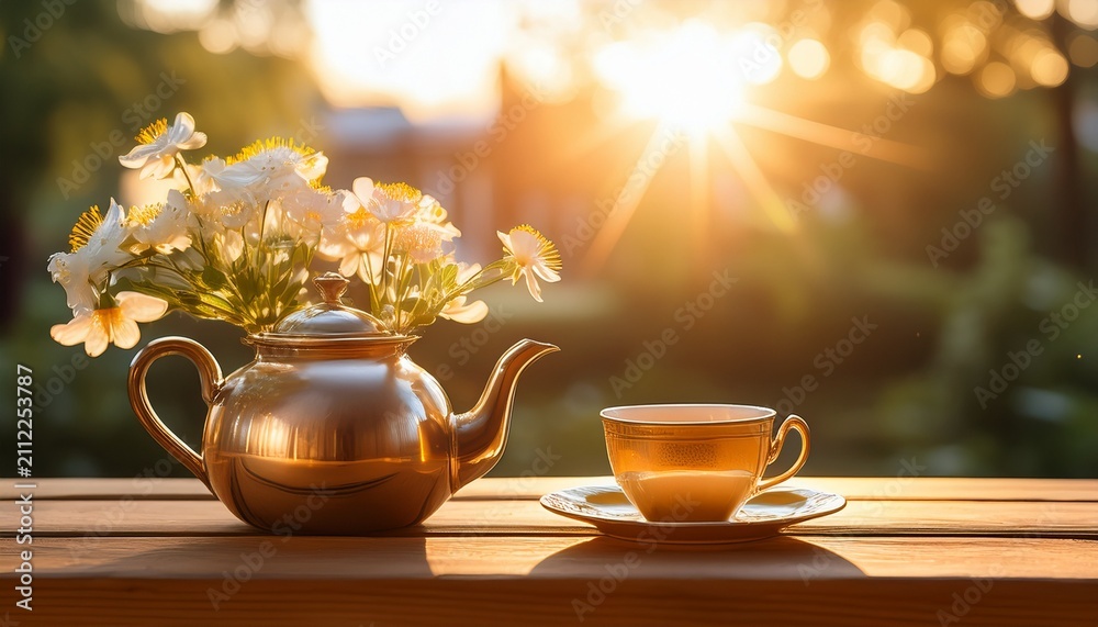 Fototapeta premium Warm Morning Sunlight Illuminates A Tranquil Scene Featuring A Teapot Cup And Delicate Flowers In A Metallic Vase On A Wooden Surface
