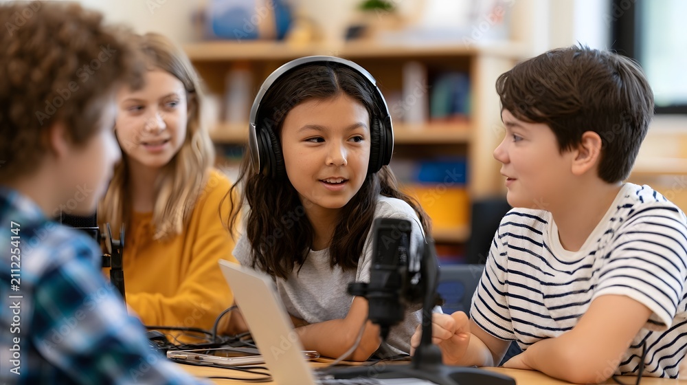 Obraz premium Four children collaborating on a podcast using microphones and headphones around a laptop computer