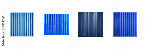 Blue Corrugated Metal Panels Set. Industrial Roofing And Siding Material Collection Isolated On Transparent Background