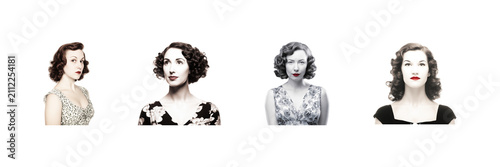 Vintage Glamour Portraits Set. Classic Hollywood Style Photography Collection Isolated On Transparent Background