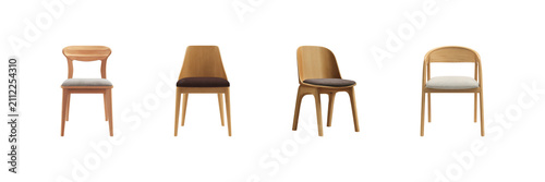 Wooden Dining Chairs With Cushions Set. Modern Interior Design And Furniture Collection Isolated On Transparent Background