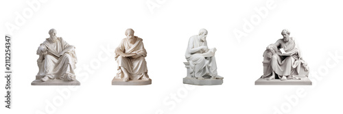 Seated Philosopher Statues Set. Classical Wisdom And Knowledge Collection Isolated On Transparent Background