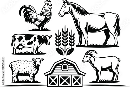 Quadro su tela Black and white farm animal collection with horse cow sheep goat rooster wheat b