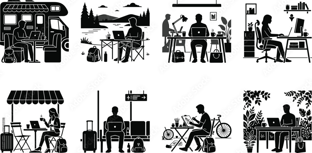 Obraz premium Digital Nomad Remote Work Silhouette Vector Illustration Set with People Working Outside Office Camper Van and Cafe