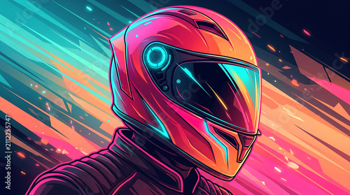 Vibrant synthwave style digital illustration of a futuristic motorcycle helmet in neon pink and orange colors