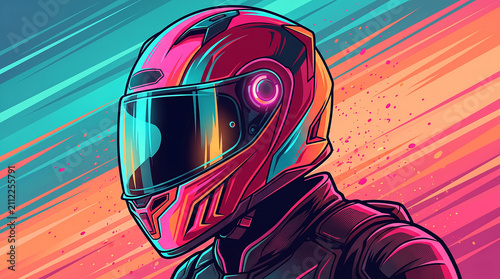 Vibrant Synthwave Digital Illustration of a Futuristic Motorcycle Helmet with Neon Magenta and Cyan Colors