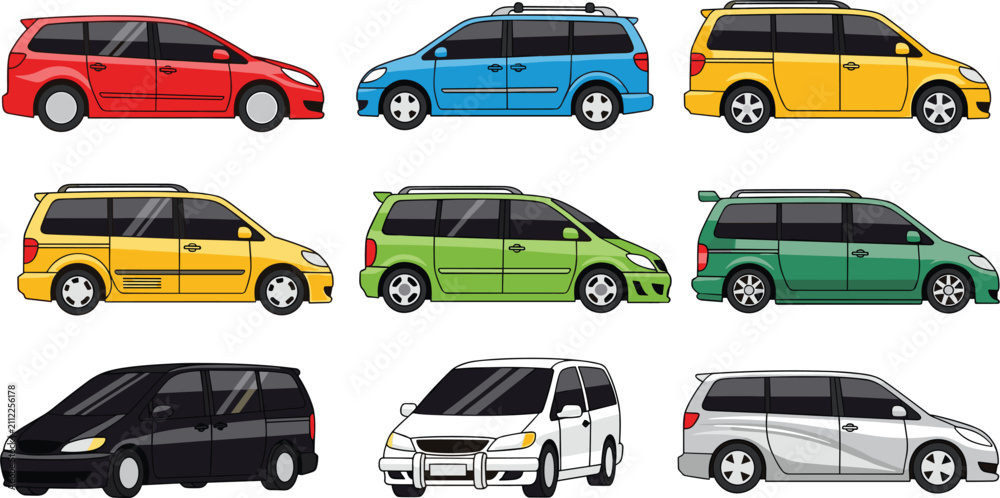 Naklejka premium Modern Family Minivan Car Vector Set with Various Colorful Passenger Vehicles for Transportation and Travel Design Projects