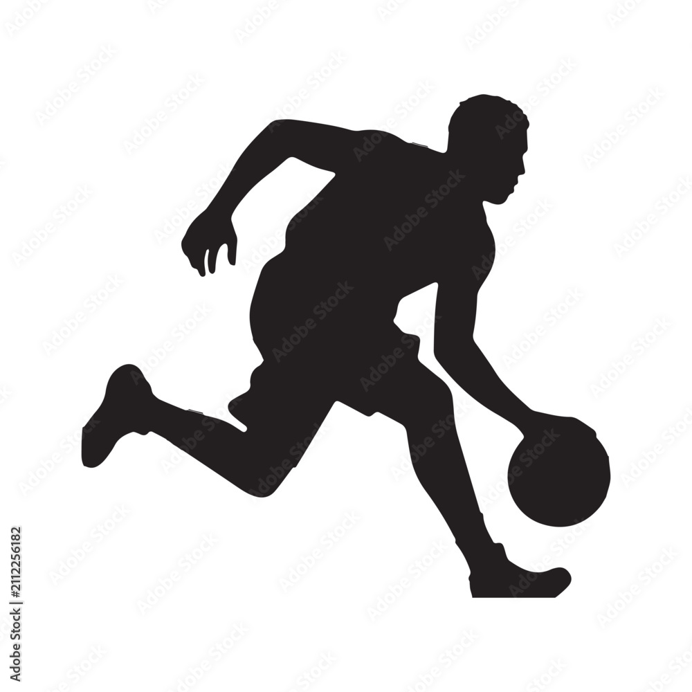 Obraz premium Black Silhouette Illustration Of Male Basketball Player Dribbling Ball On White Background.