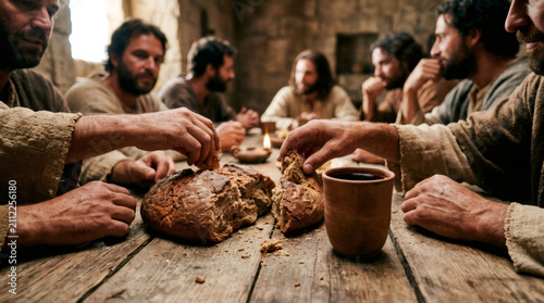 Group of men eating bread and drinking wine at a rustic wooden table. Biblical scene depicting the Last Supper. Traditional meal, historical reenactment, religion and faith concept.