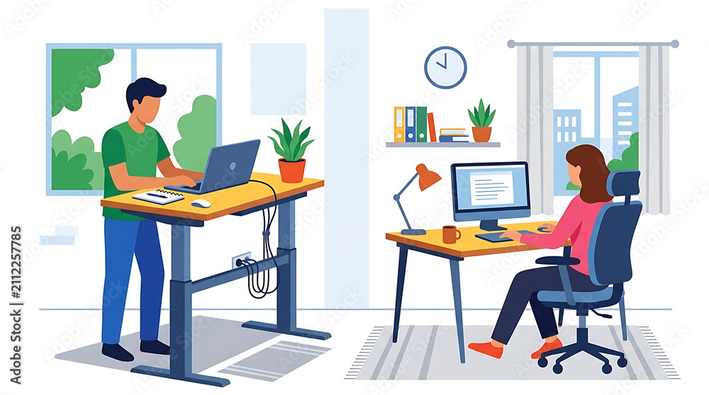 Obraz premium Diverse Colleagues Collaborating in Modern Home Offices with Standing and Seated Desks Natural Light and City Views