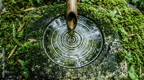Bamboo fountain creates ripples in a stone basin filled with fresh water.