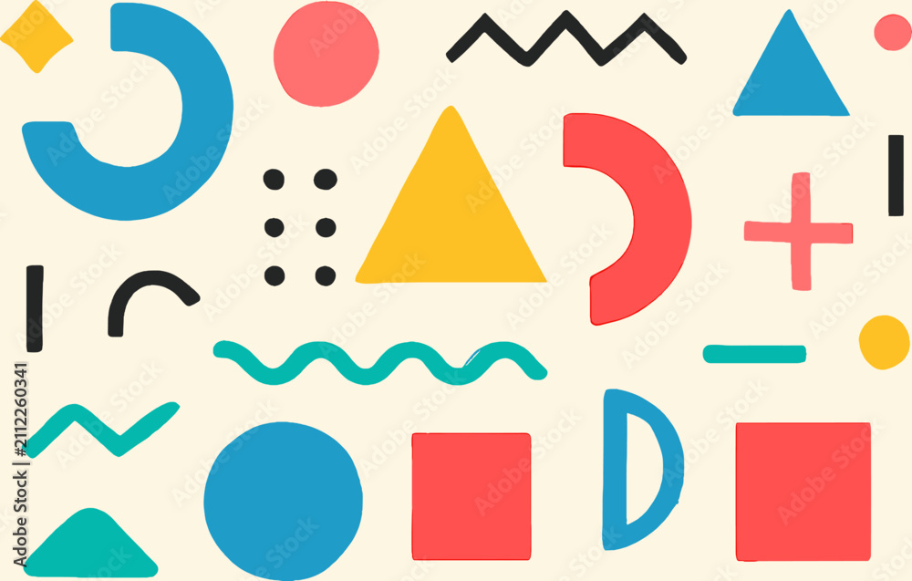 Obraz premium Abstract composition of colorful geometric shapes and playful graphic elements on a light background, featuring circles, squares, triangles, and wavy lines.