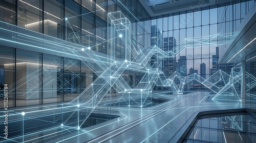 Futuristic Office Atrium Network Visualization Overlay.