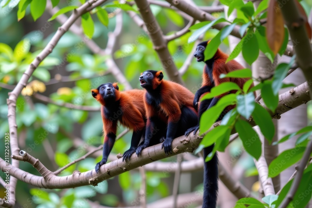 Fototapeta premium Red-ruffed lemurs perched on tree branch among green leaves
