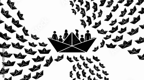 Bild auf Leinwand World humanitarian day refugees in paper boat surrounded by fleet
