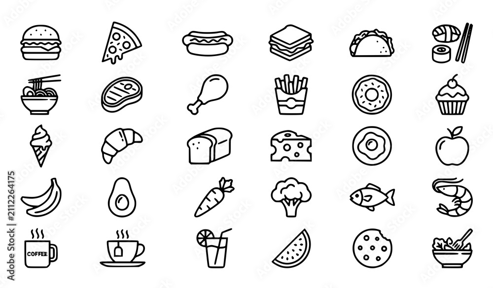 Fototapeta premium Food Line Icon Set with Editable Stroke Modern Outline Restaurant and Grocery Vector Collection
