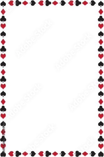 Casino card suit border frame with repeating red hearts and diamonds plus black clubs and spades surrounding a spacious white center for poker invitations gaming posters and themed templates