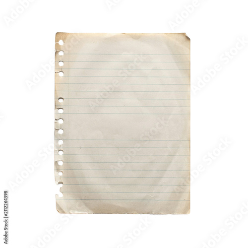 Aged vintage notebook paper sheet with hole punches notebook stationery wrinkled yellowed document parchment background crinkled material scrapbook battered as transparent object