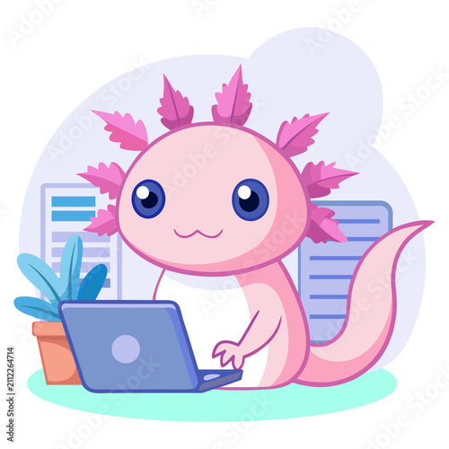 Cute Cartoon Pink Axolotl Working on Laptop with Potted Plant. Flat Vector Illustration. 