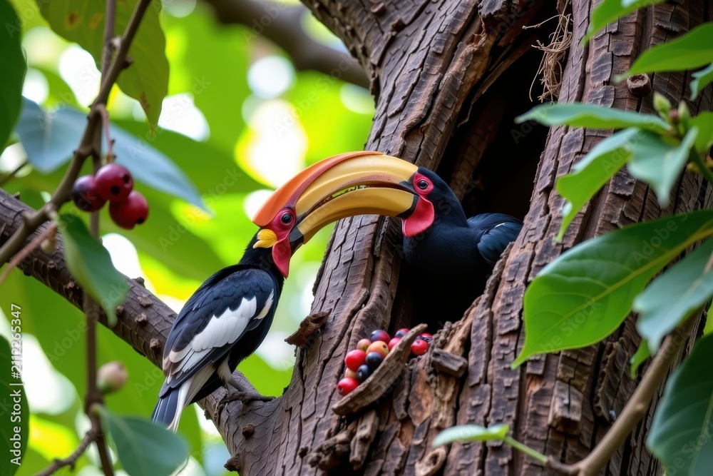 Obraz premium Hornbills on tree with red fruit and green leaves