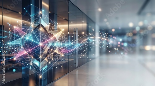 Abstract digital network visualization with glowing geometric shapes and light trails.