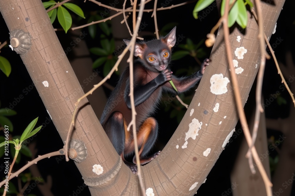 Fototapeta premium Black lemur perches on a tree trunk under moonlight