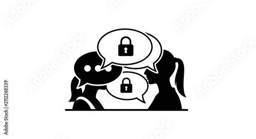 Confidential Conversation: Two Silhouettes with Locked Speech Bubbles, Privacy Concept